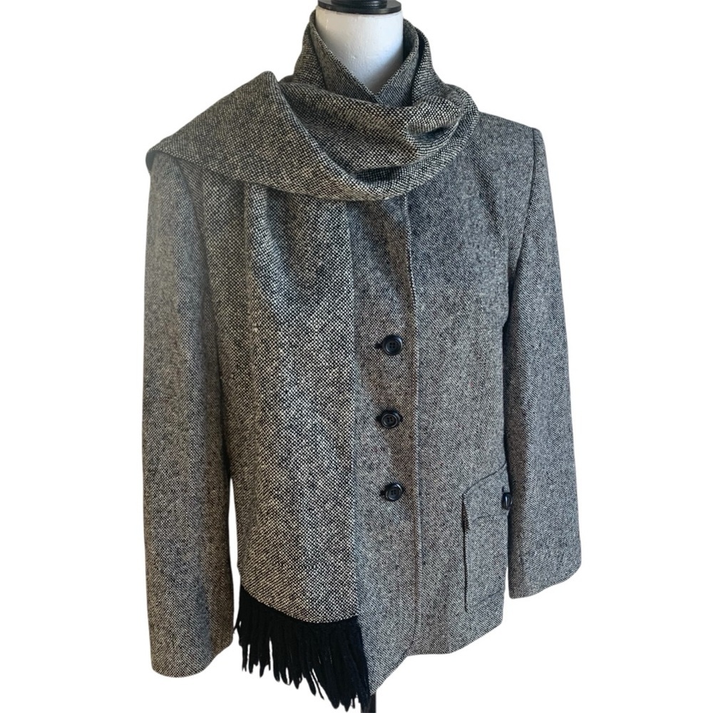 Tweed Blazer Wool Jacket w Detached Scarf Heritage Classic VTG Grey S10 - Picture 5 of 14